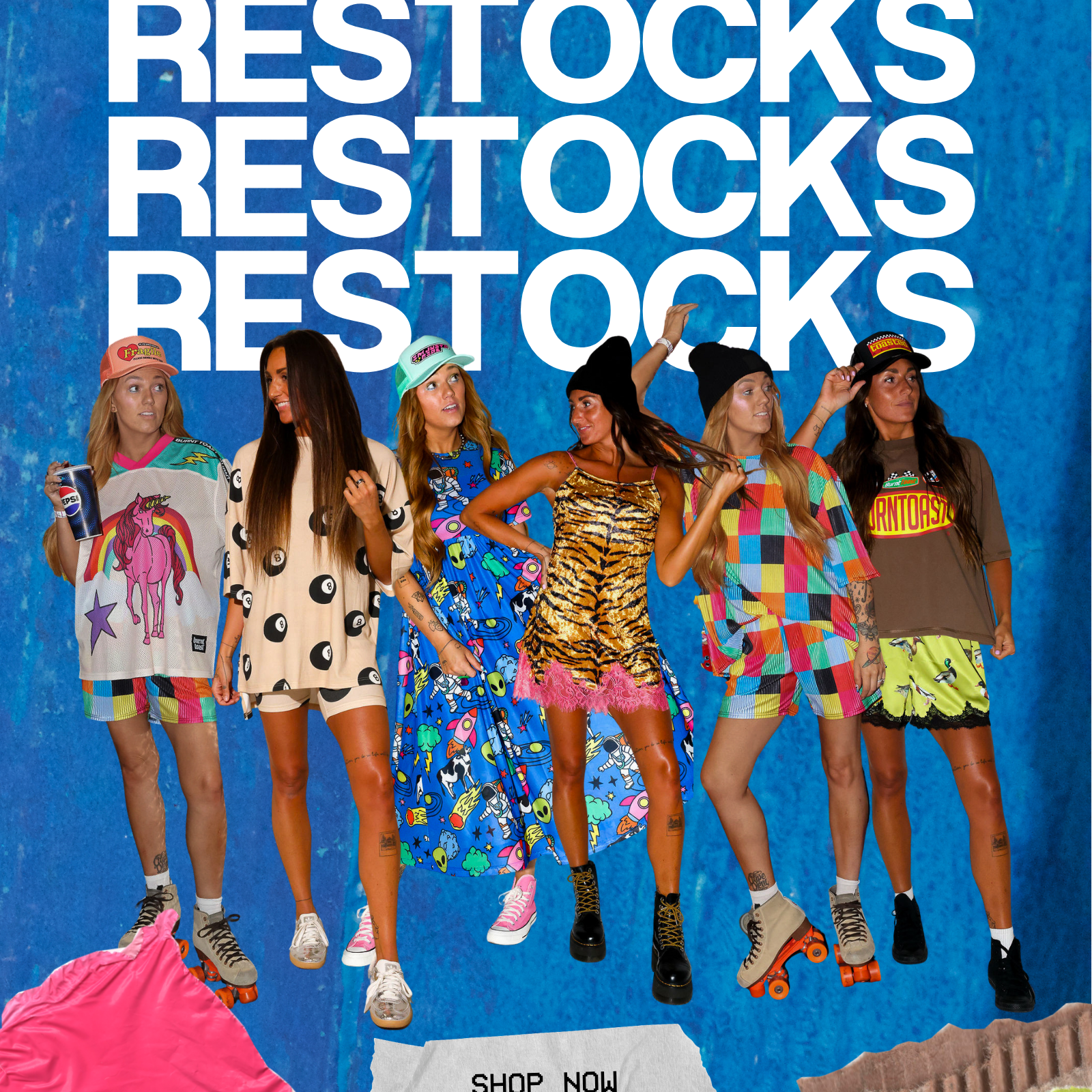 Six women posing in colorful Y2K-style