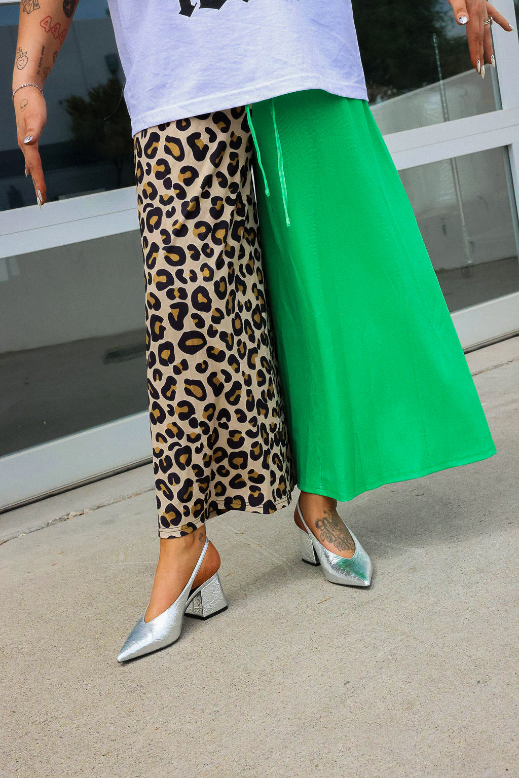 House Cat Chaos Leopard & Green Half & Half Pants
