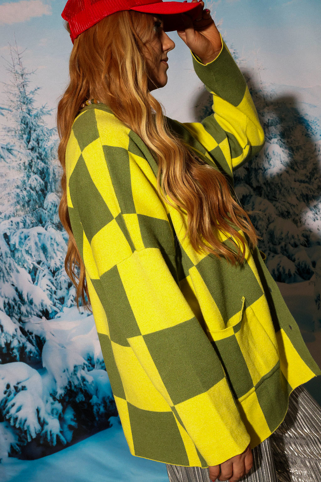 Heat Check Green Checkered Oversized Cardigan