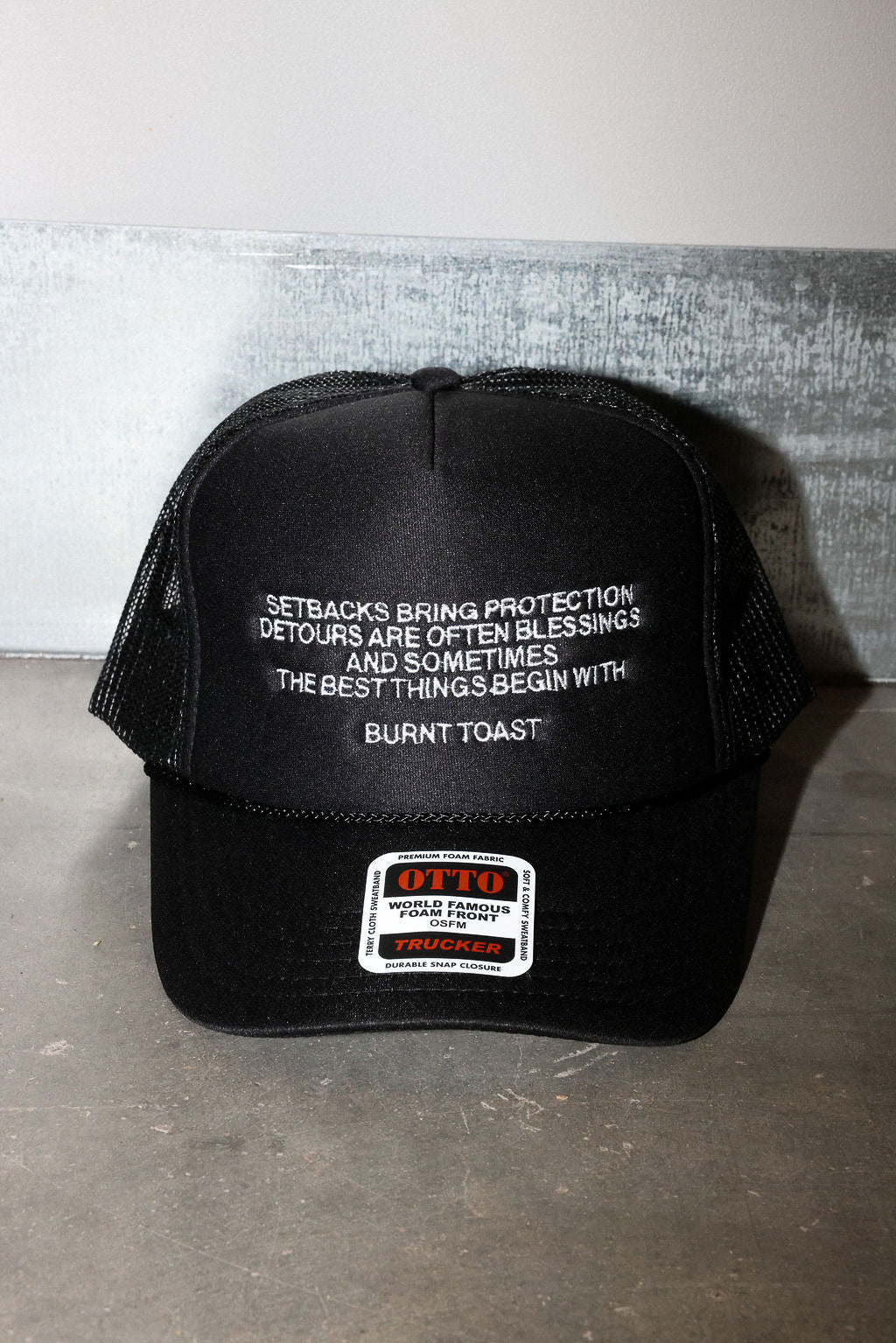 Burnt Toast Theory Black Embroidered Trucker Hat