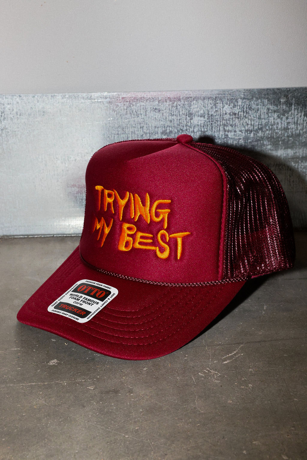 Trying My Best Maroon Embroidered Trucker Hat