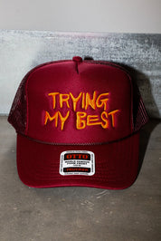 Trying My Best Maroon Embroidered Trucker Hat