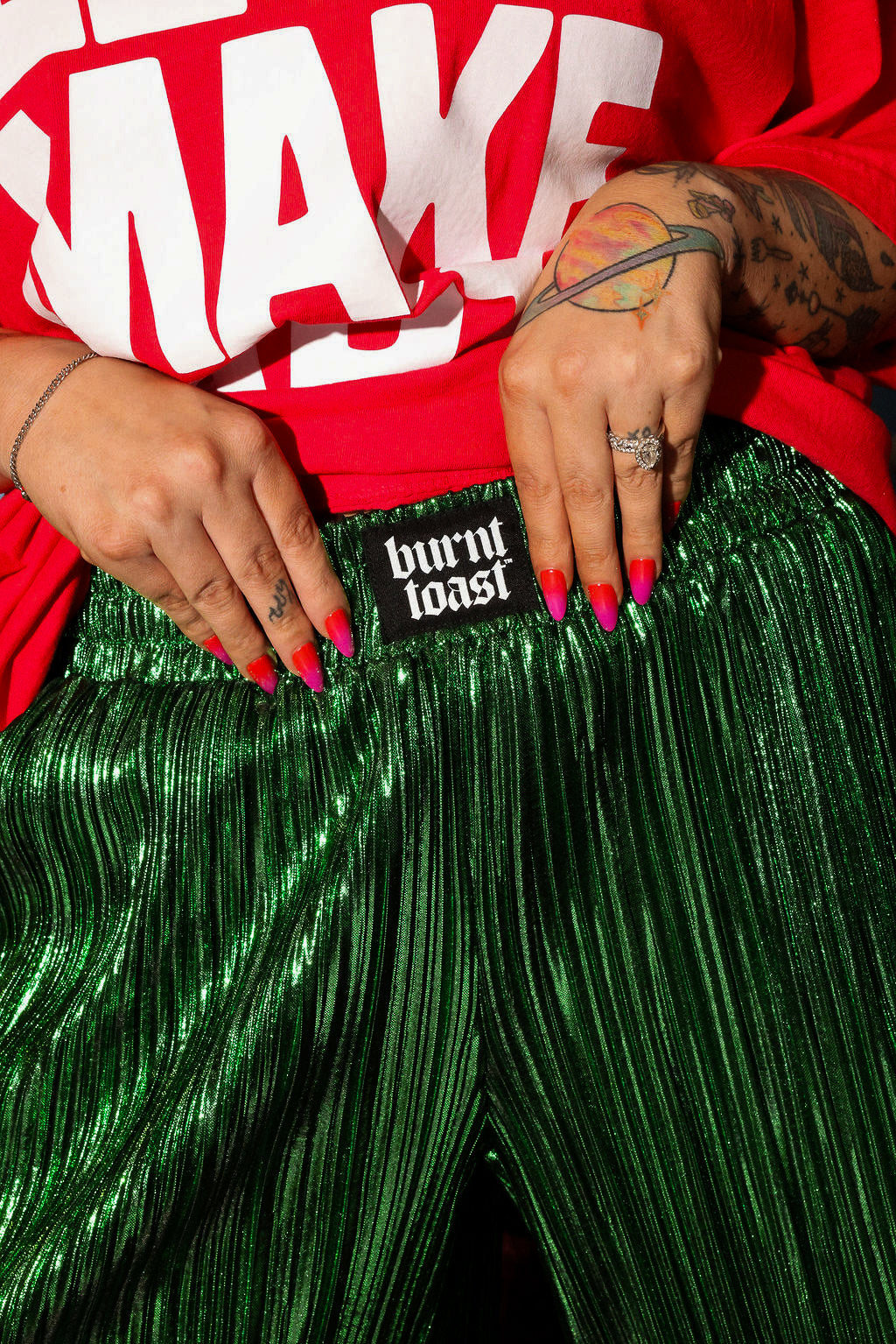 Electric Current Green Metallic Plissé Pants