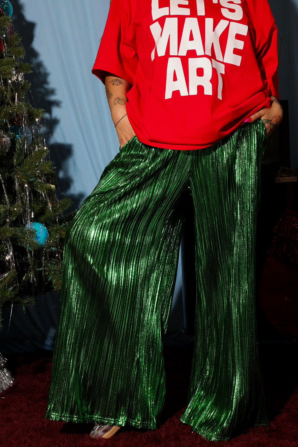 Electric Current Green Metallic Plissé Pants