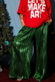Electric Current Green Metallic Plissé Pants