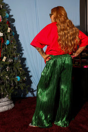 Electric Current Green Metallic Plissé Pants