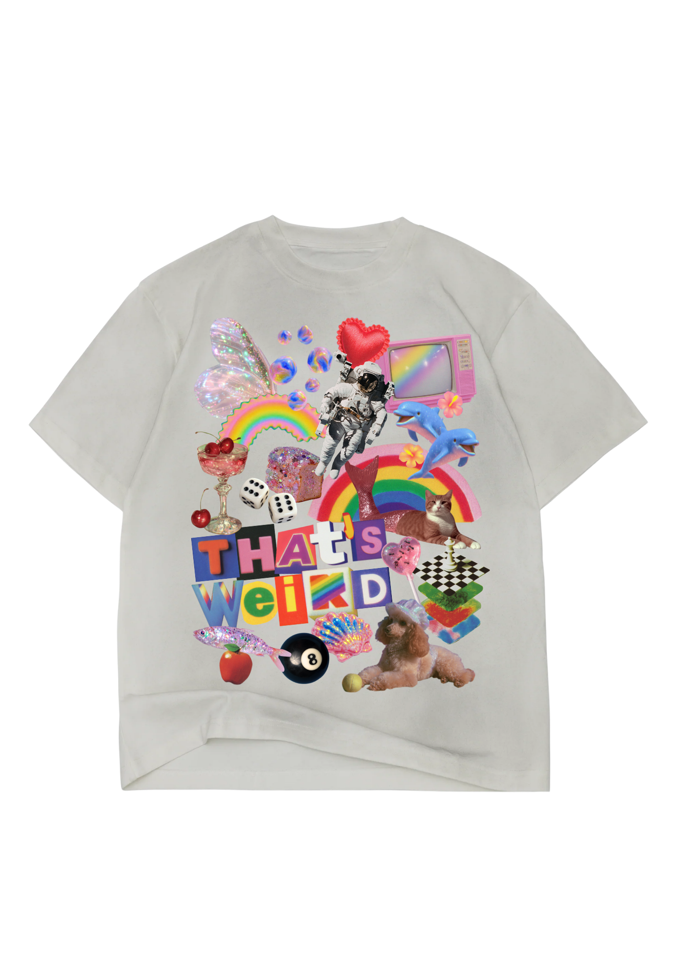 Off white short sleeve shirt with colorful graphic design that includes an 8 ball, dog, rainbow, hearts, dice, dolphine, astronaut, and text 'THAT'S WEIRD' on a white background, flat lay frontal view