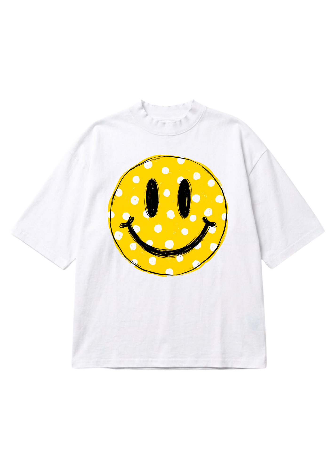 A white short-sleeve crewneck t-shirt featuring a large yellow smiley face graphic with white polka dots and black outlines on the front, displayed against a solid white background.