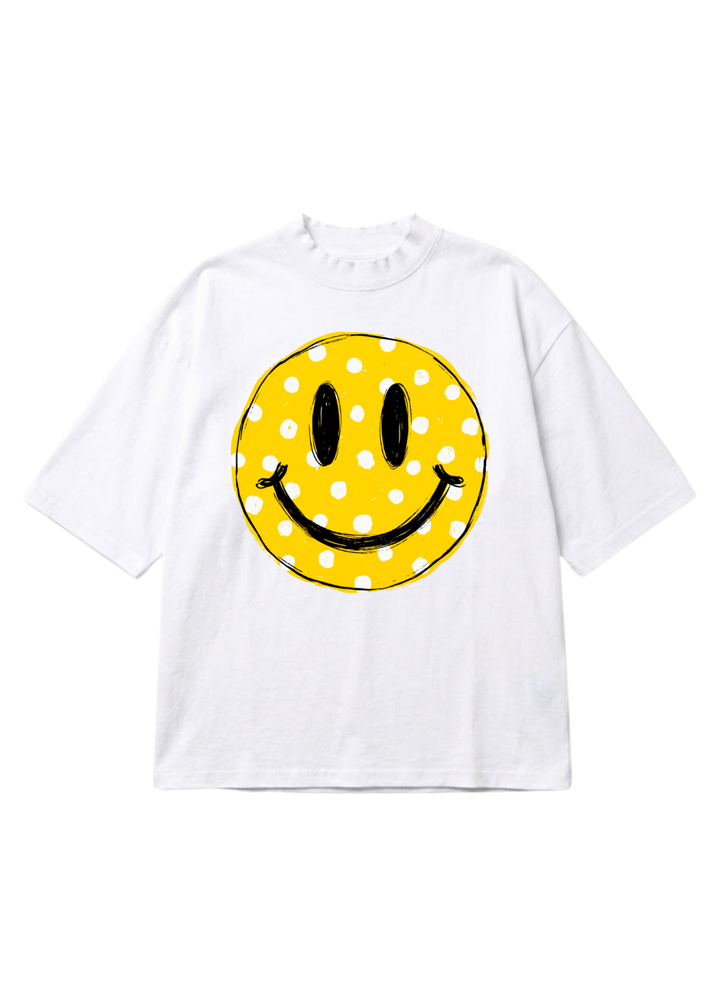 A white short-sleeve crewneck t-shirt featuring a large yellow smiley face graphic with white polka dots and black outlines on the front, displayed against a solid white background.