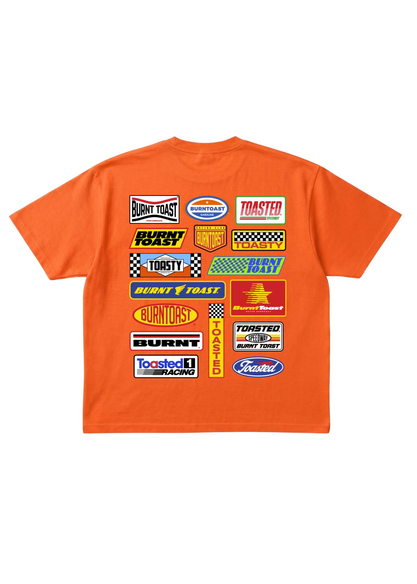 Orange short sleeve shirt with multiple brand logos on a white background, flat lay frontal view