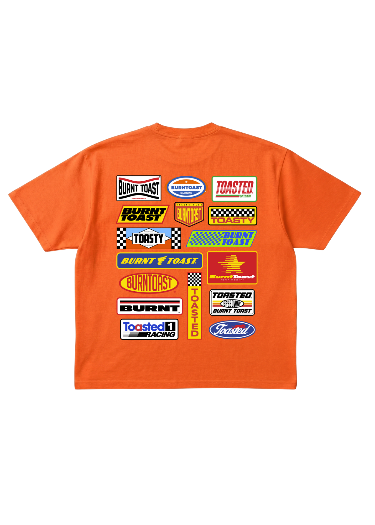 Orange short sleeve shirt with multiple brand logos on a white background, flat lay frontal view