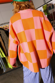 ** PRE-ORDER: ships by 12/15 ** Checkmate Pink & Orange Checkered Oversized Cardigan