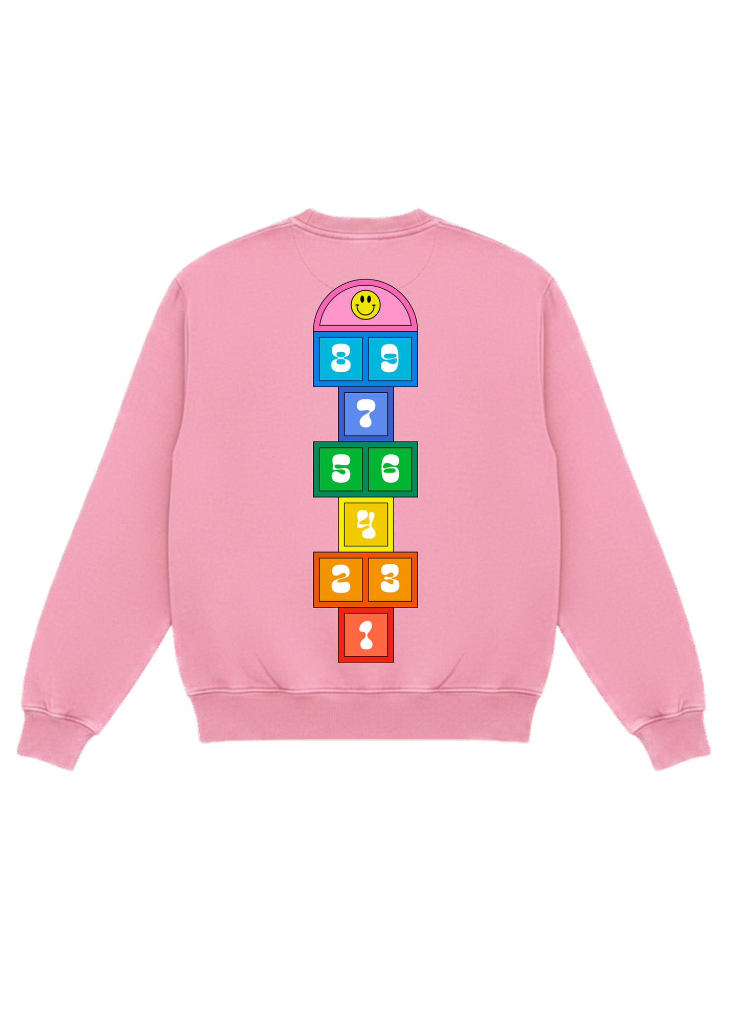 Pink longe sleeve crewneck with colorful hop skotch numbers and a smiley face, flat lay back view