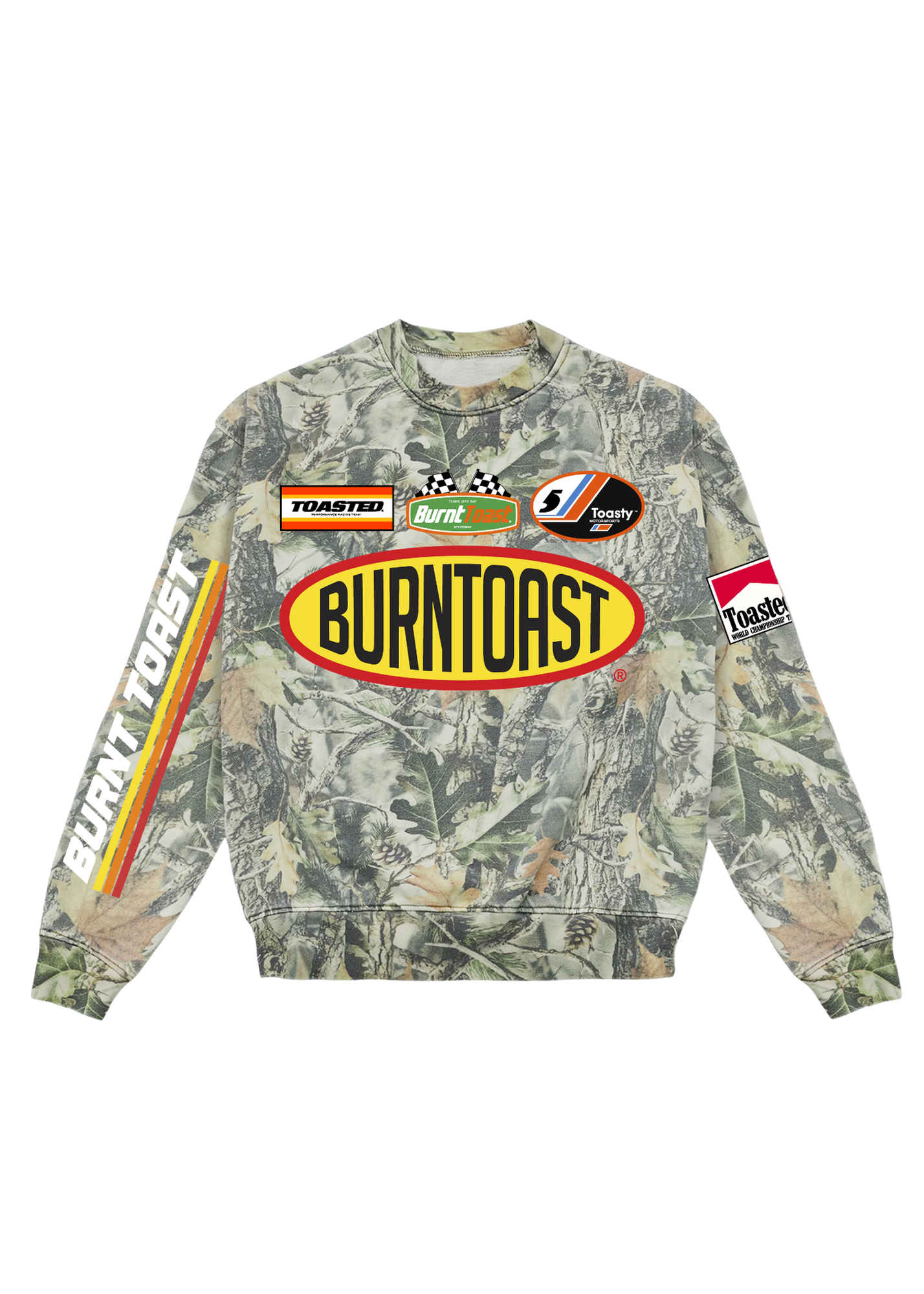 Camouflage crewneck with Burnt toast branding, on a white background, flat lay frontal view