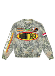 Camouflage crewneck with Burnt toast branding, on a white background, flat lay frontal view