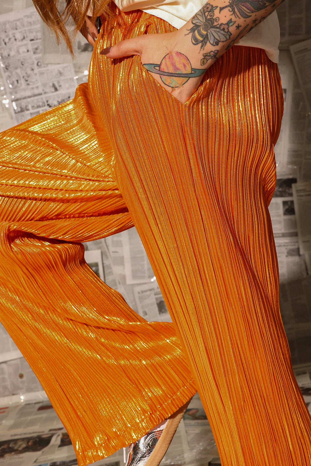 Orange Crush Metallic Plisse Pants