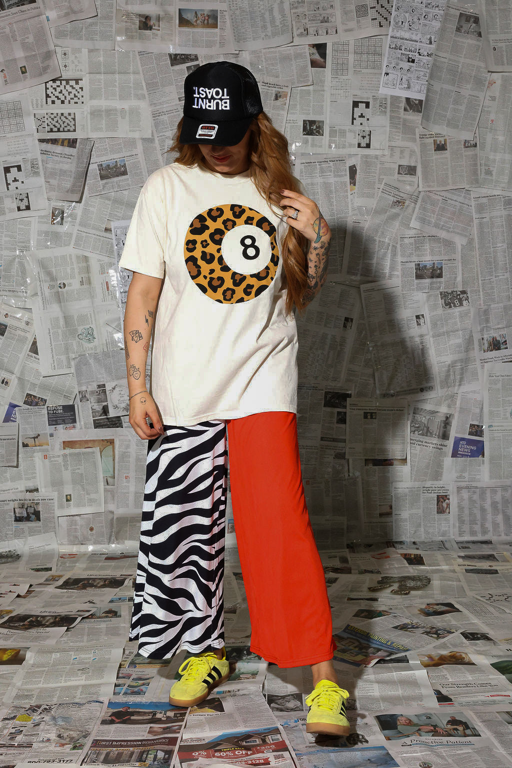 Black, White, & Red All Over Half & Half Cropped Pants (w/Pockets)