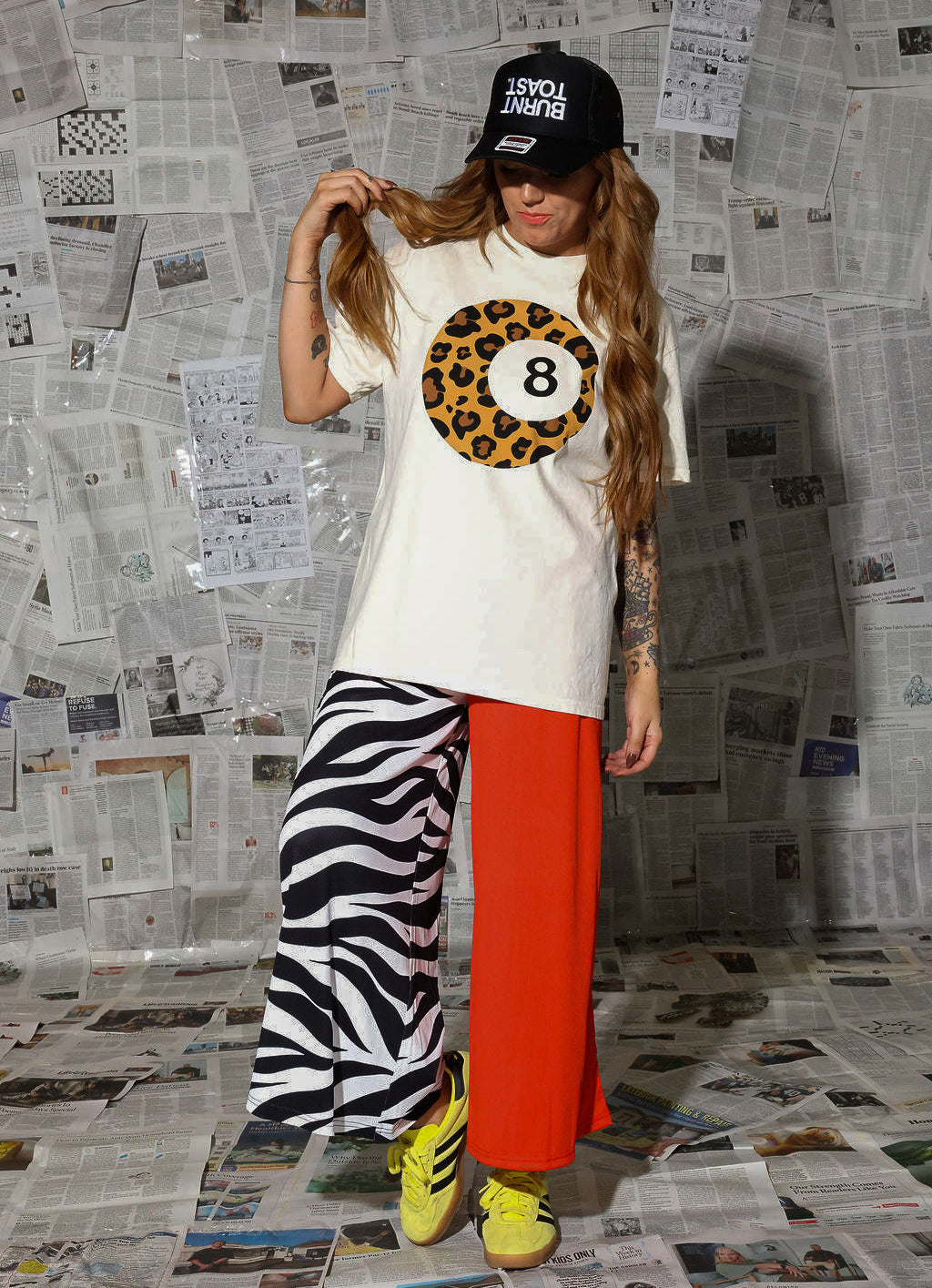 Black, White, & Red All Over Half & Half Cropped Pants (w/Pockets)