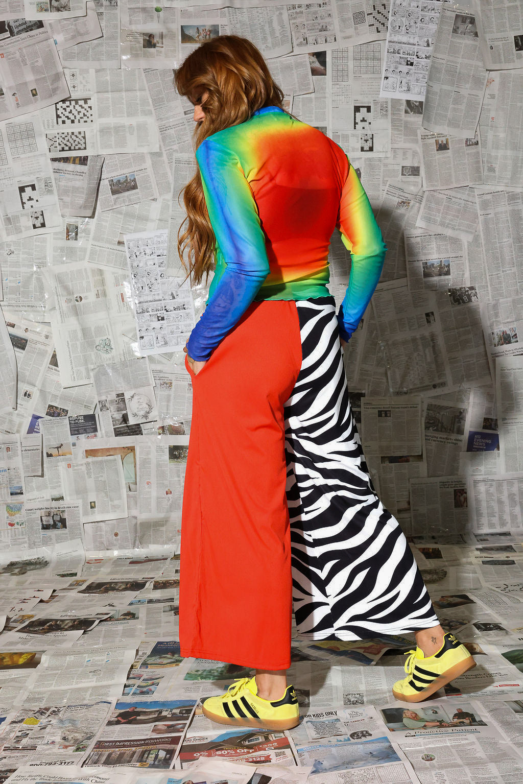 Black, White, & Red All Over Half & Half Cropped Pants (w/Pockets)