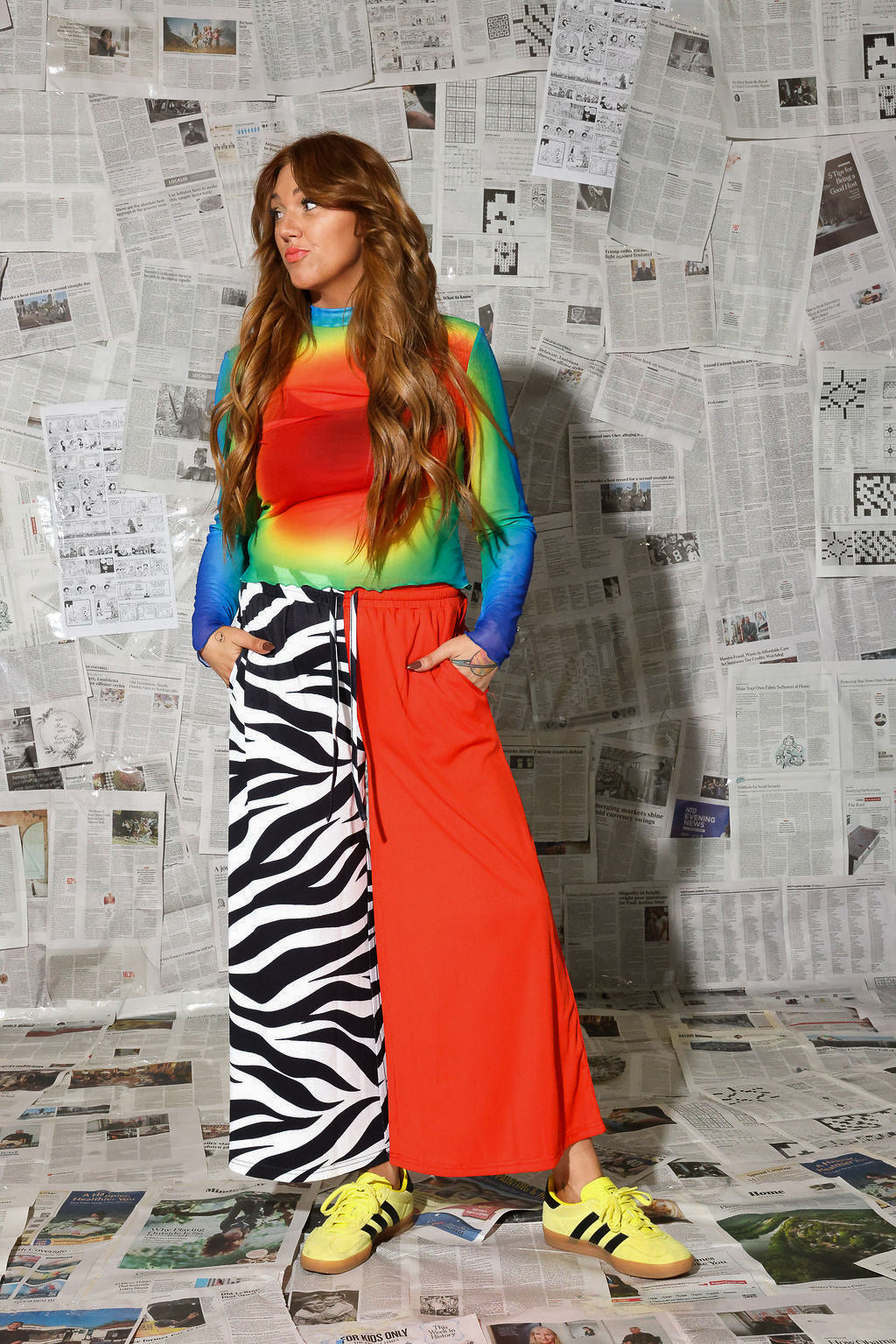 Black, White, & Red All Over Half & Half Cropped Pants (w/Pockets)