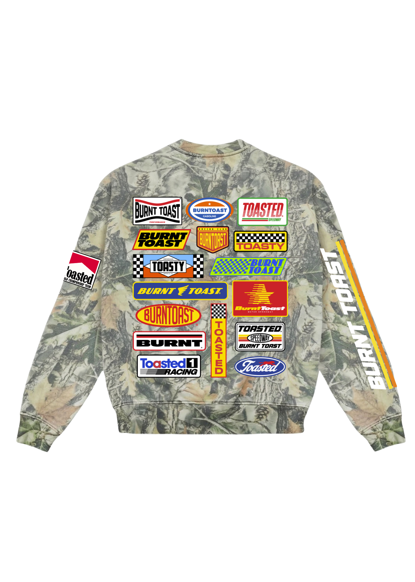 Camouflage crewneck with Burnt toast branding, on a white background, flat lay back view