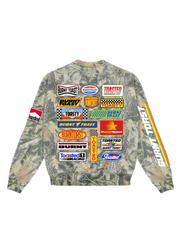 Camouflage crewneck with Burnt toast branding, on a white background, flat lay back view
