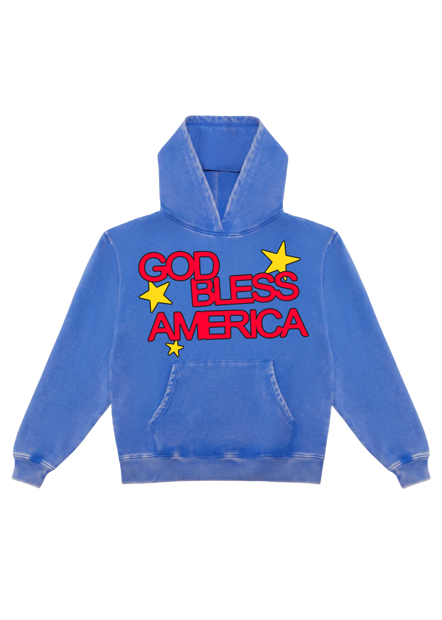 Blue hoodie with 'God Bless America' text and stars on a white background, flat lay frontal view