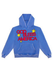 Blue hoodie with 'God Bless America' text and stars on a white background, flat lay frontal view