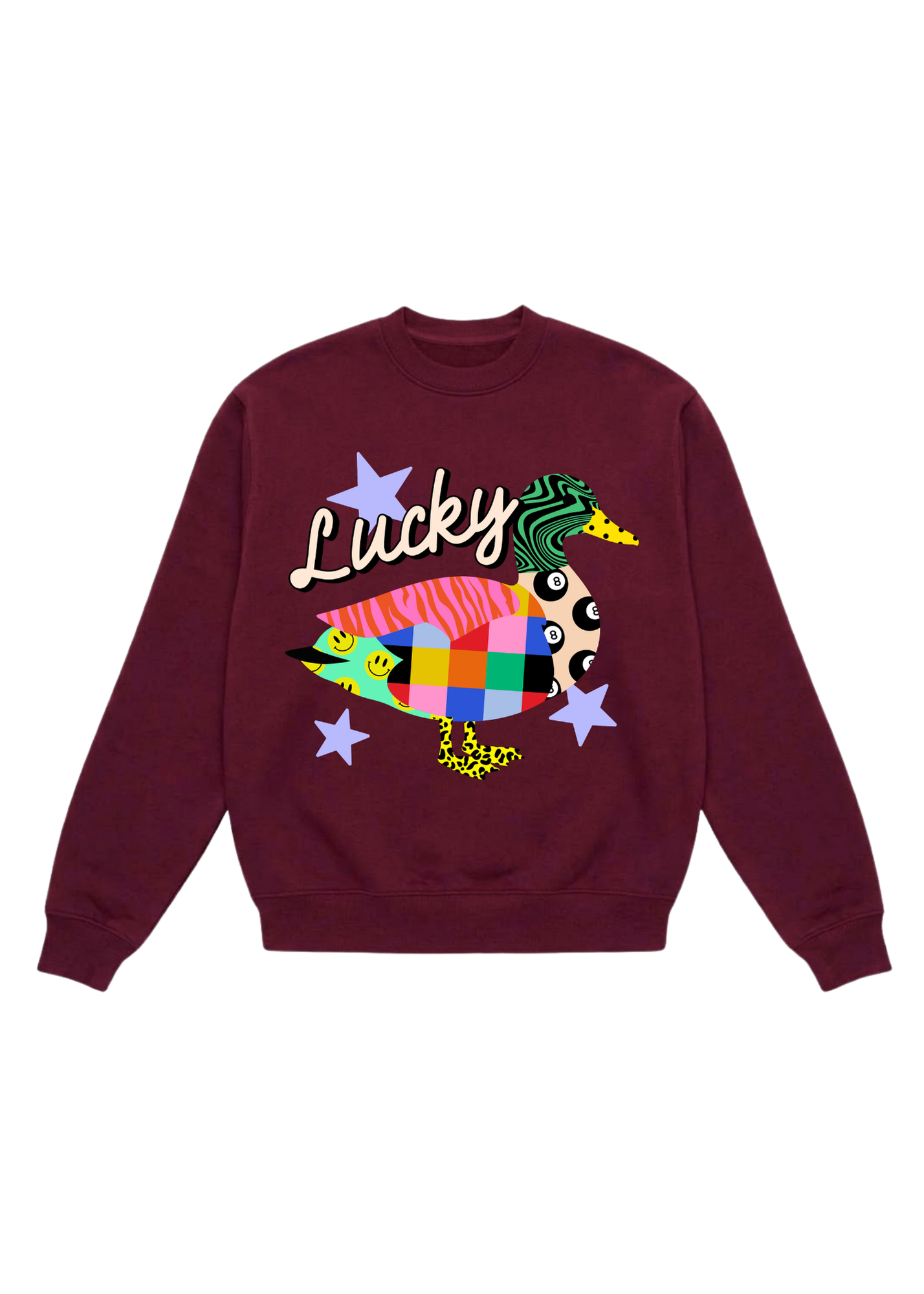 Maroon crewneck with the word Lucky and then a duck design on a white background