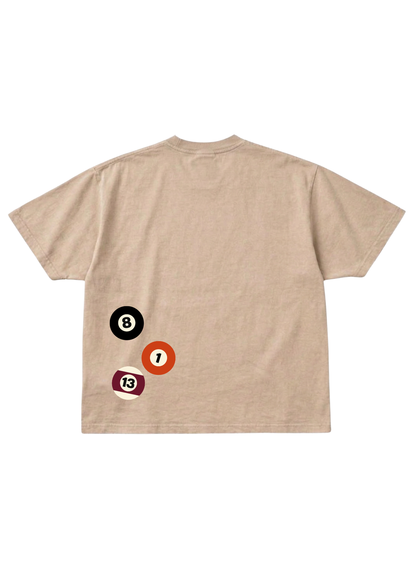 Beige graphic shirt with billiard ball designs on the back against a white background, flat lay back view
