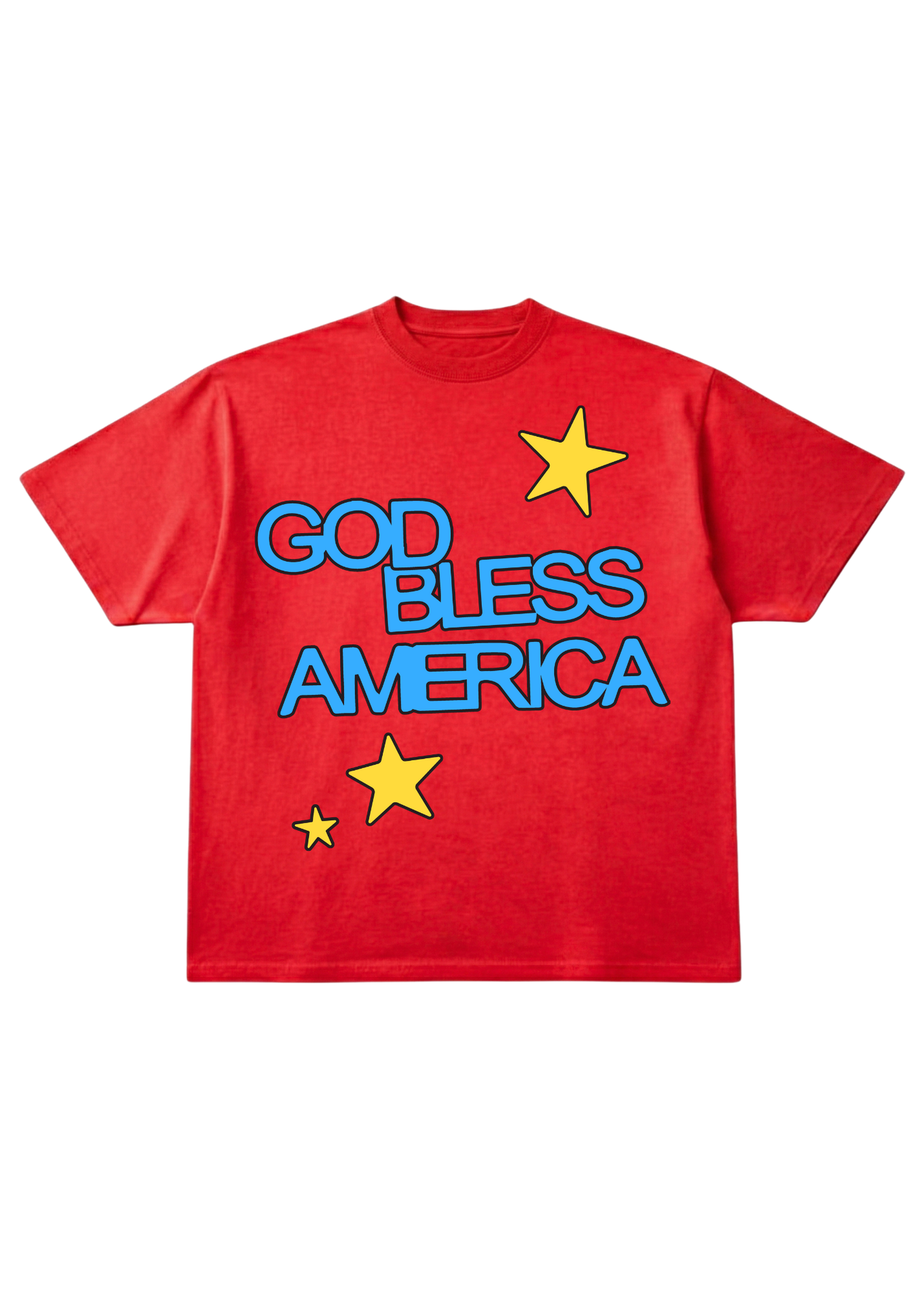 Red t-shirt with 'GOD BLESS AMERICA' text and yellow stars on a white background, flat lay frontal view