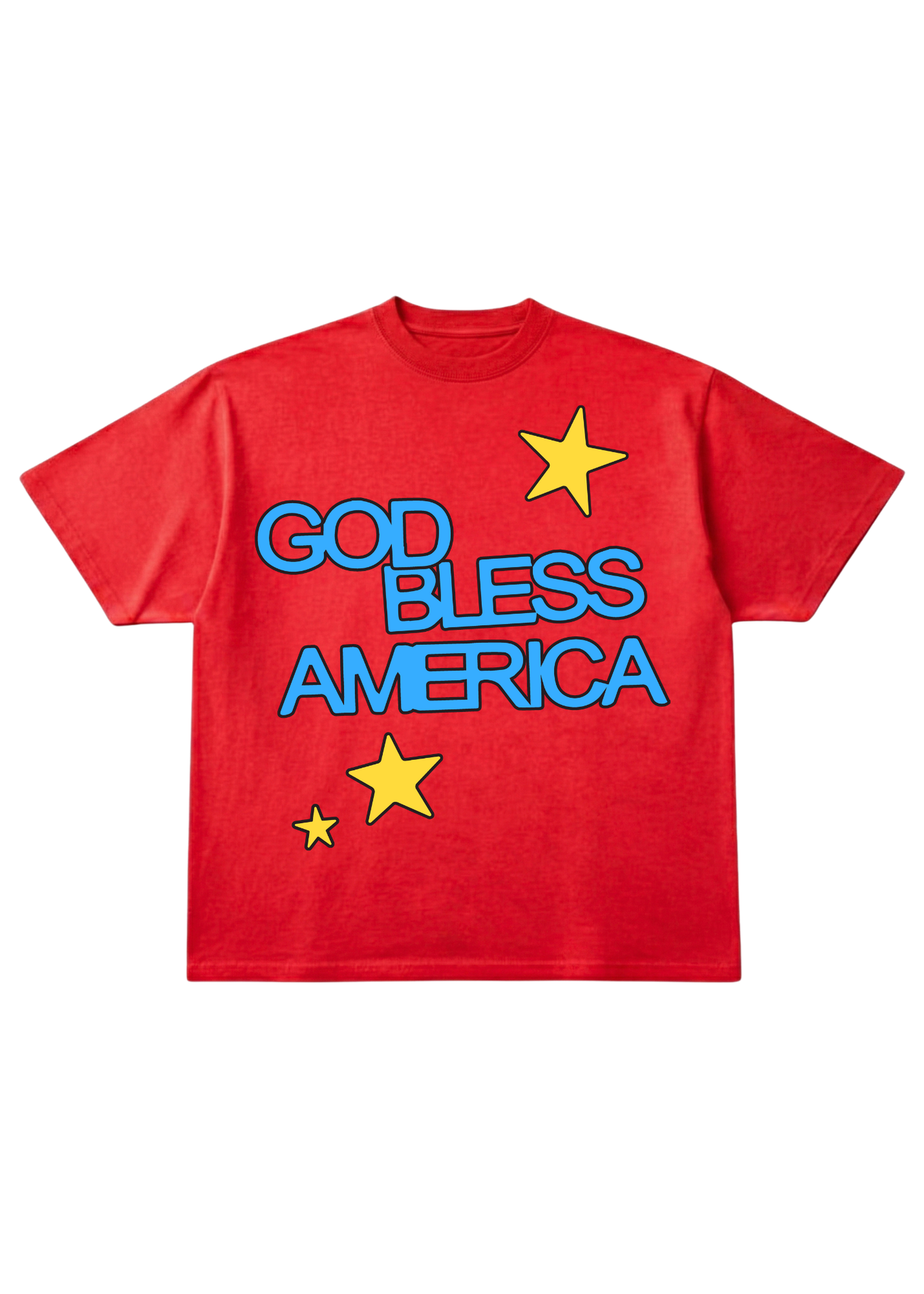Red t-shirt with 'GOD BLESS AMERICA' text and yellow stars on a white background, flat lay frontal view