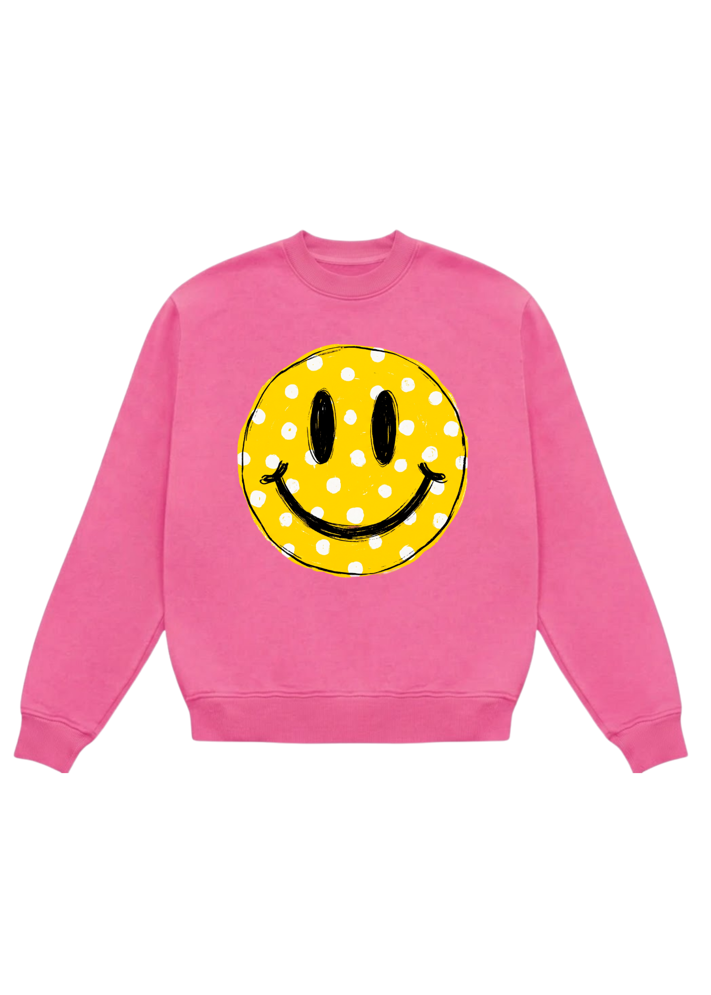 Pink crewneck with a yellow smiley face white polka dots on a white background