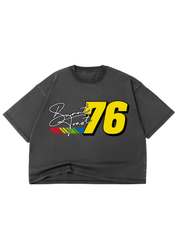 Gray t-shirt with colorful graphic 76 design on a white background, frontal view