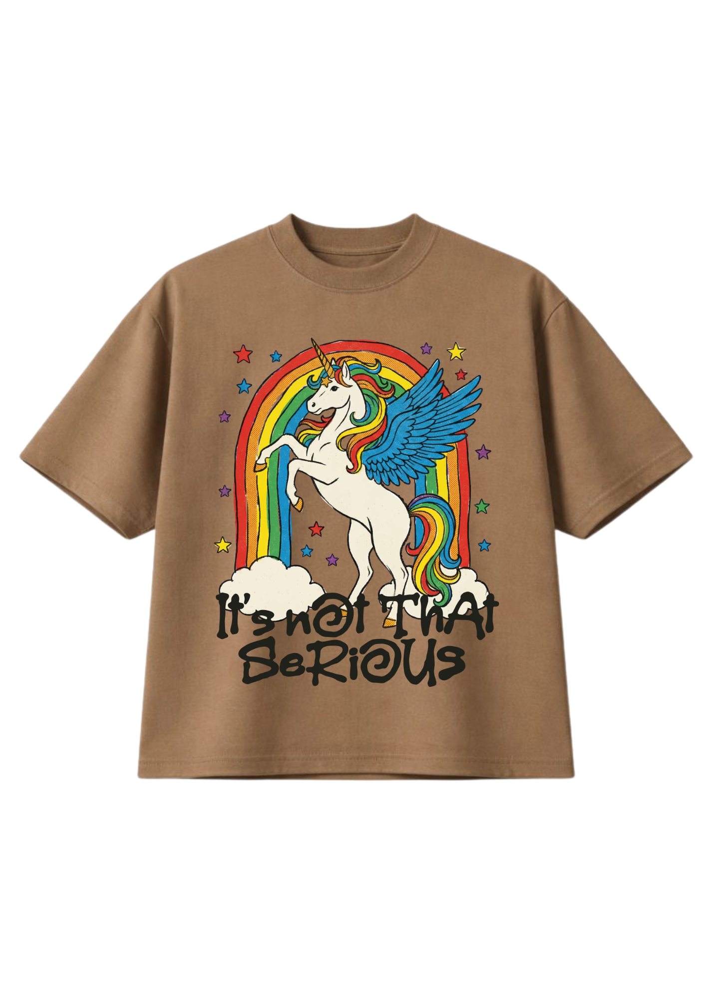 Brown short sleeve graphic shirt with a unicorn and rainbow design on a white background, flay lat frontal design