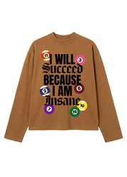 Brown long sleeve graphic tee with pool ball design and text on a white background, flat lay frontal view