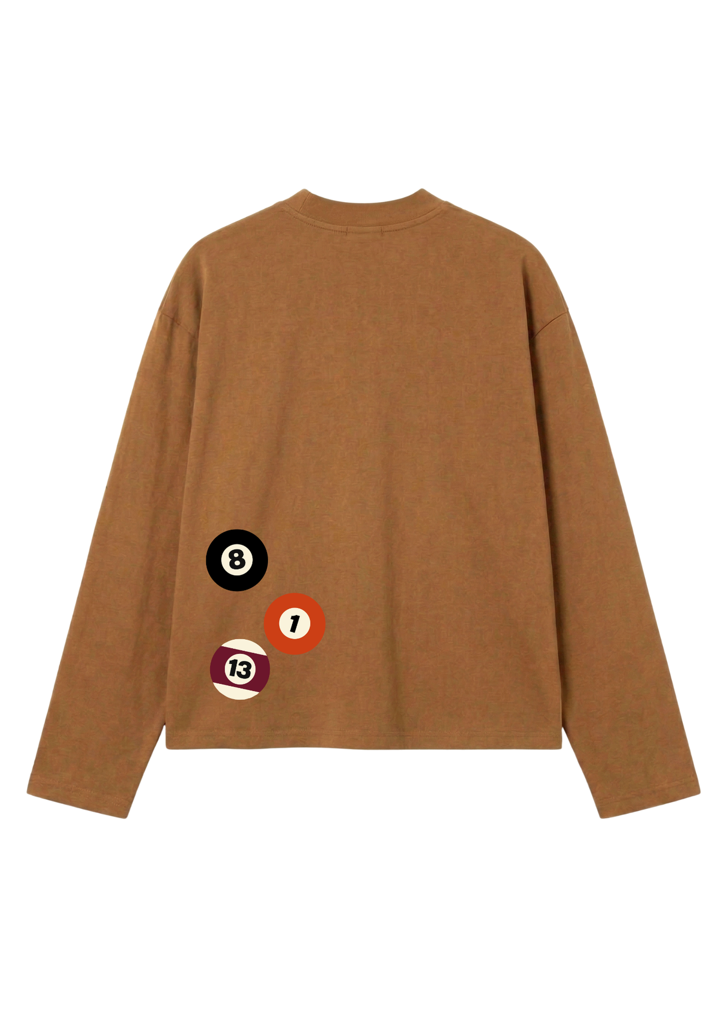 Brown long sleeve graphic shirt with billiard ball designs on a white background, flat lay back view