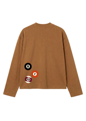 Brown long sleeve graphic shirt with billiard ball designs on a white background, flat lay back view