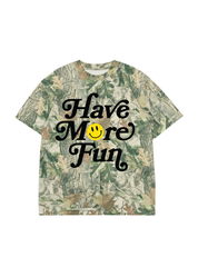 Camouflage short sleeve graphic shirt with 'Have More Fun' text and smiley face on a white background, flat lay frontal view