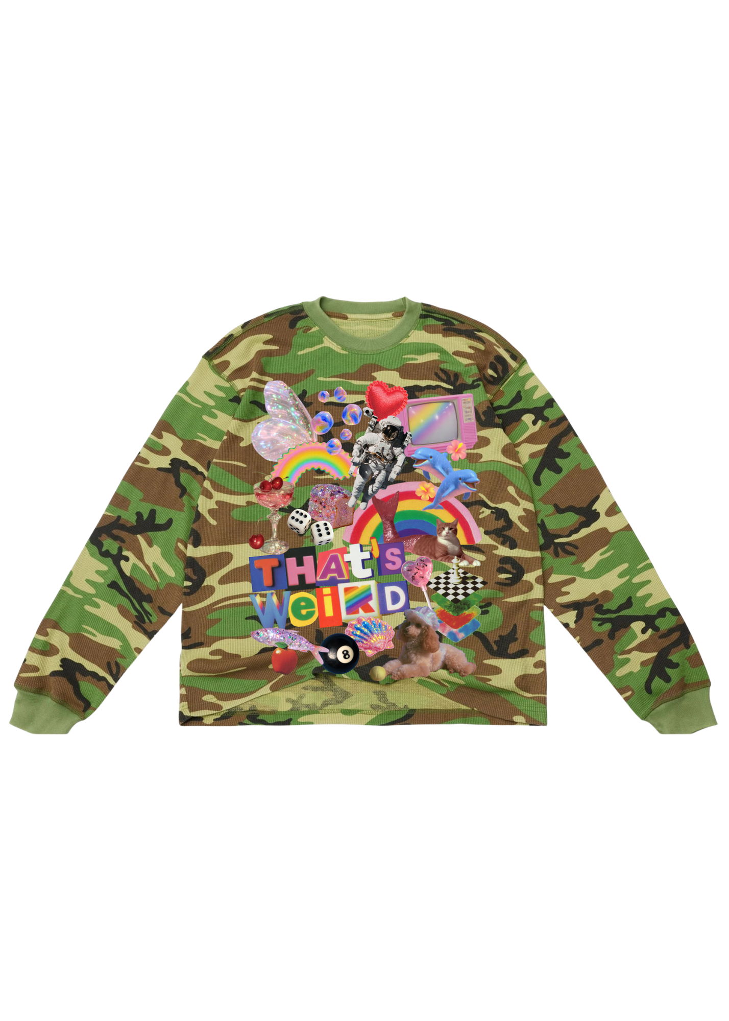 Camouflage long sleeve waffle shirt with colorful graphic design that includes an 8 ball, dog, rainbow, hearts, dice, dolphine, astronaut, and text 'THAT'S WEIRD, on a white background, flat lay frontal view