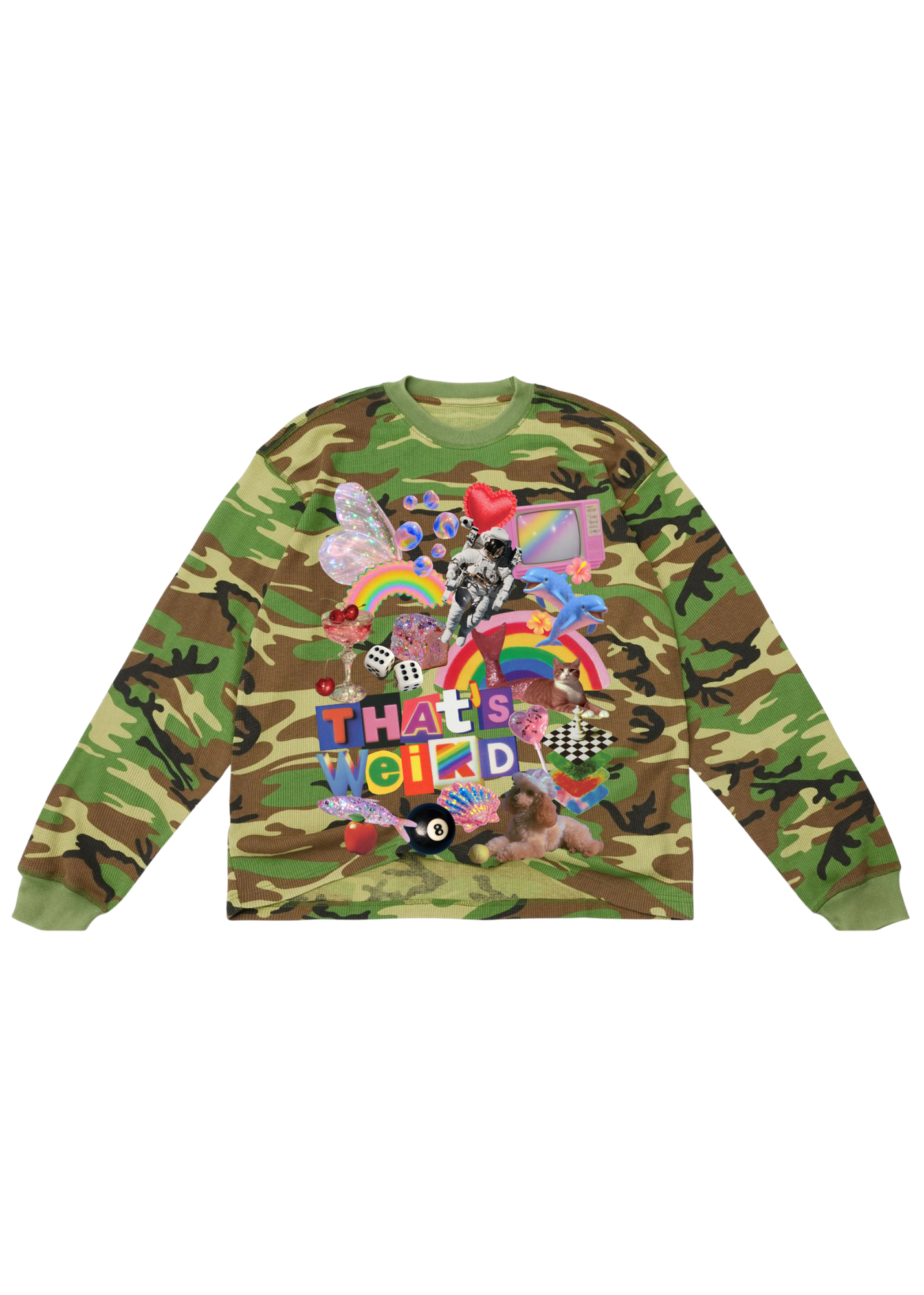 Camouflage long sleeve waffle shirt with colorful graphic design that includes an 8 ball, dog, rainbow, hearts, dice, dolphine, astronaut, and text 'THAT'S WEIRD, on a white background, flat lay frontal view