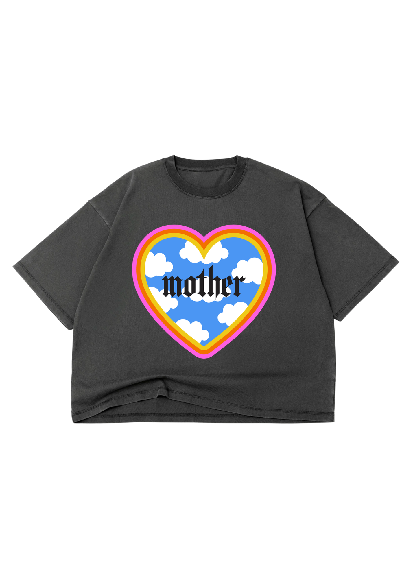 Heathered grey cropped graphic shirt with a colorful heart design featuring the word 'mother' on a white background, flat lay frontal view