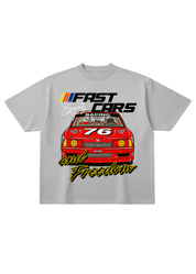 Gray t-shirt with a red car graphic and text on a white background, flat lay frontal view