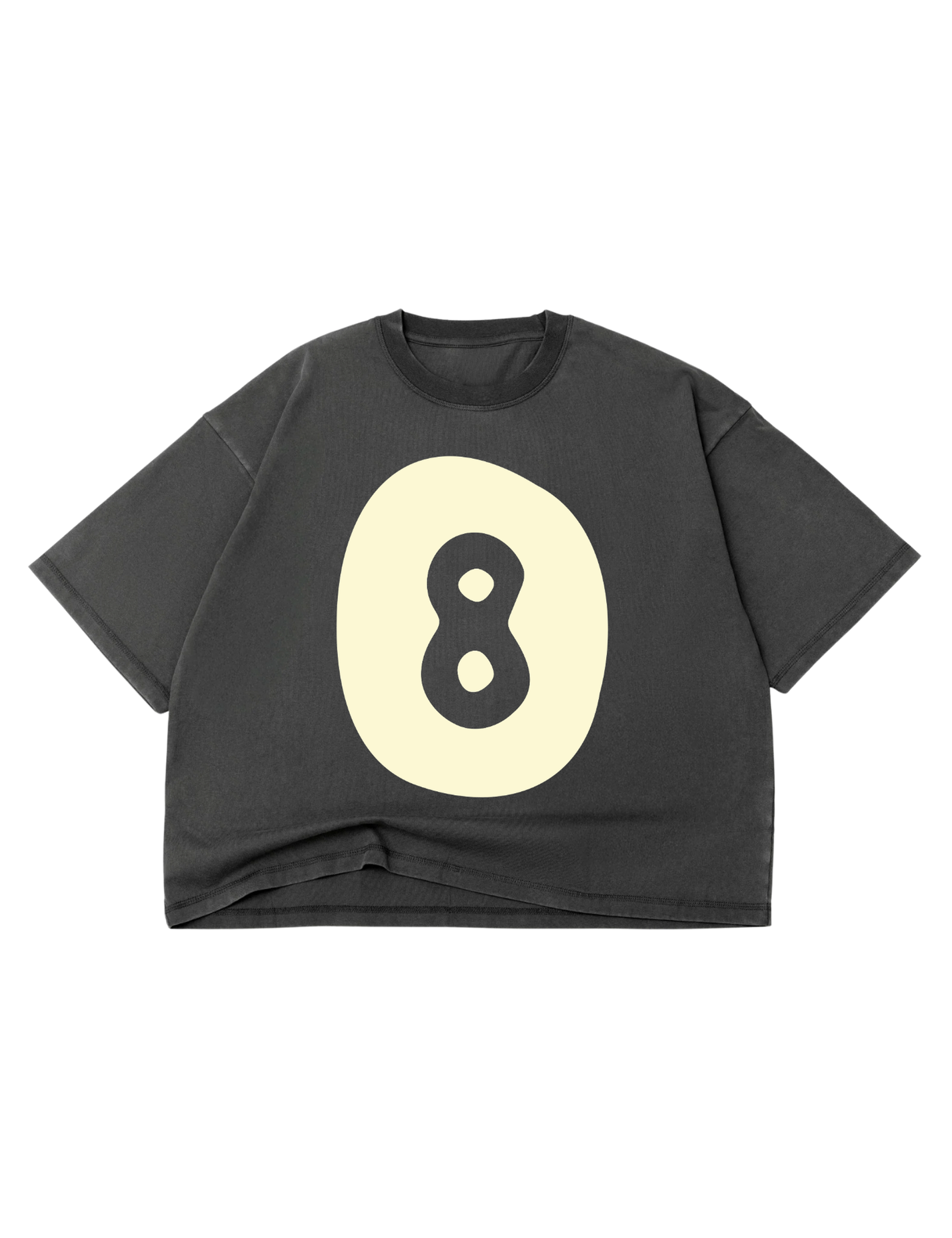Black t-shirt with a yellow circle and number 8 on a white background, flat lay frontal view