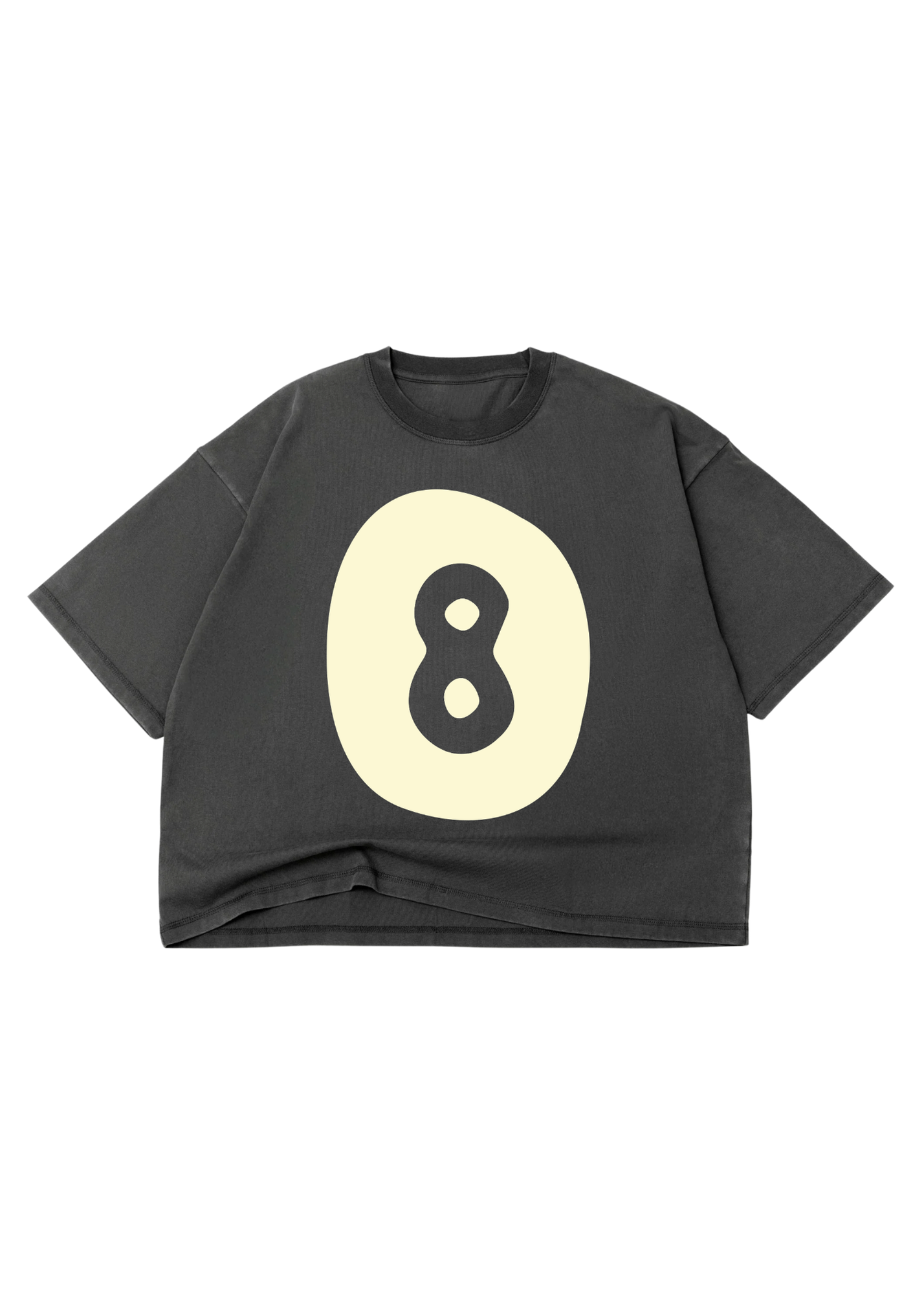 Black t-shirt with a yellow circle and number 8 on a white background, flat lay frontal view