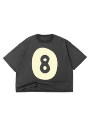 Black t-shirt with a yellow circle and number 8 on a white background, flat lay frontal view