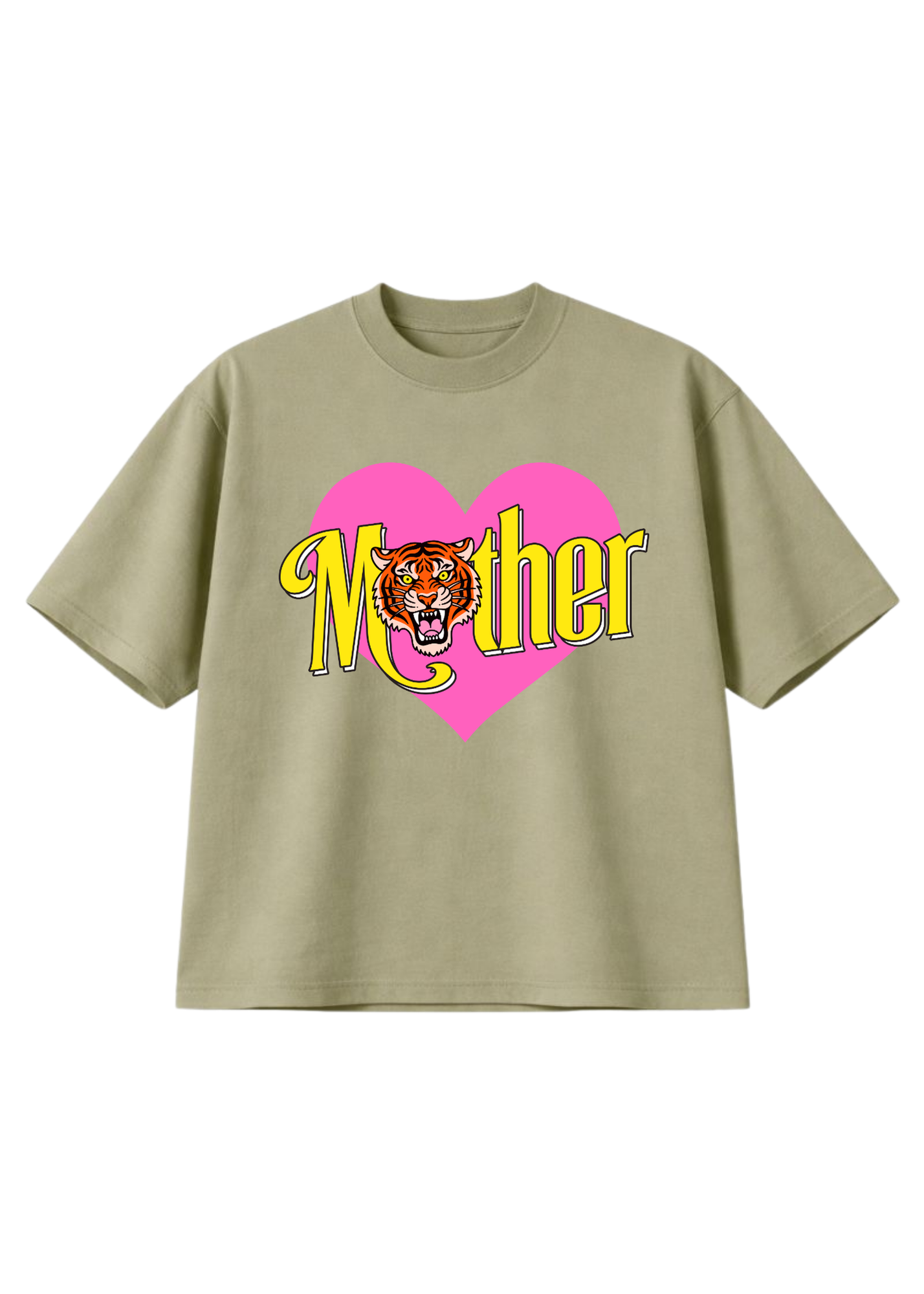 Beige short sleeve shirt with 'Mother' and tiger graphic on a pink heart, flat lay frontal view