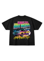 Black short sleeve shirt with 'BUCKLE UP! HOT MESS EXPRESS' text in colorful writing and sports car, flat lay frontal view