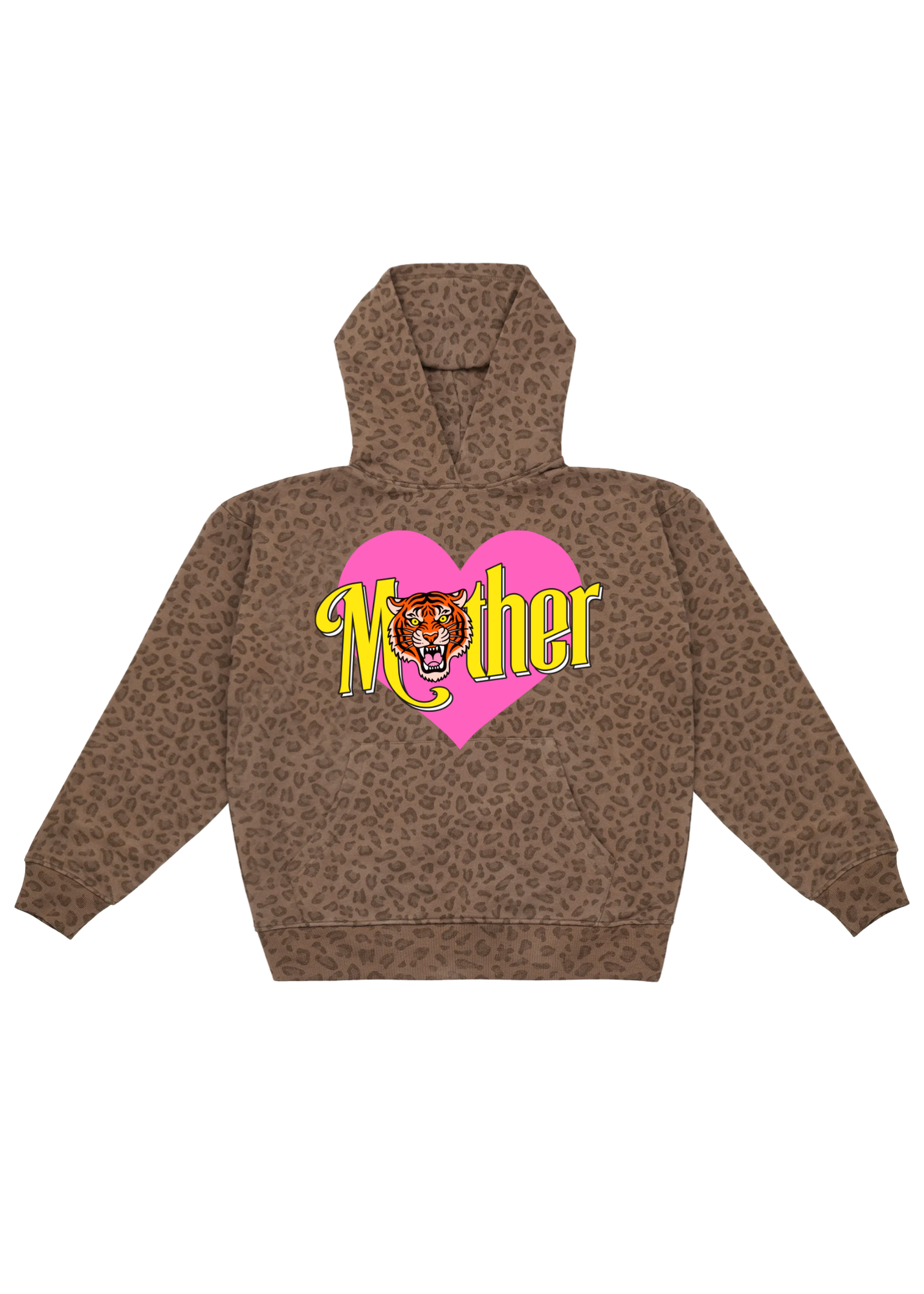 Brown leopard print hoodie with a pink heart and tiger graphic on a white background, flat lay frontal view