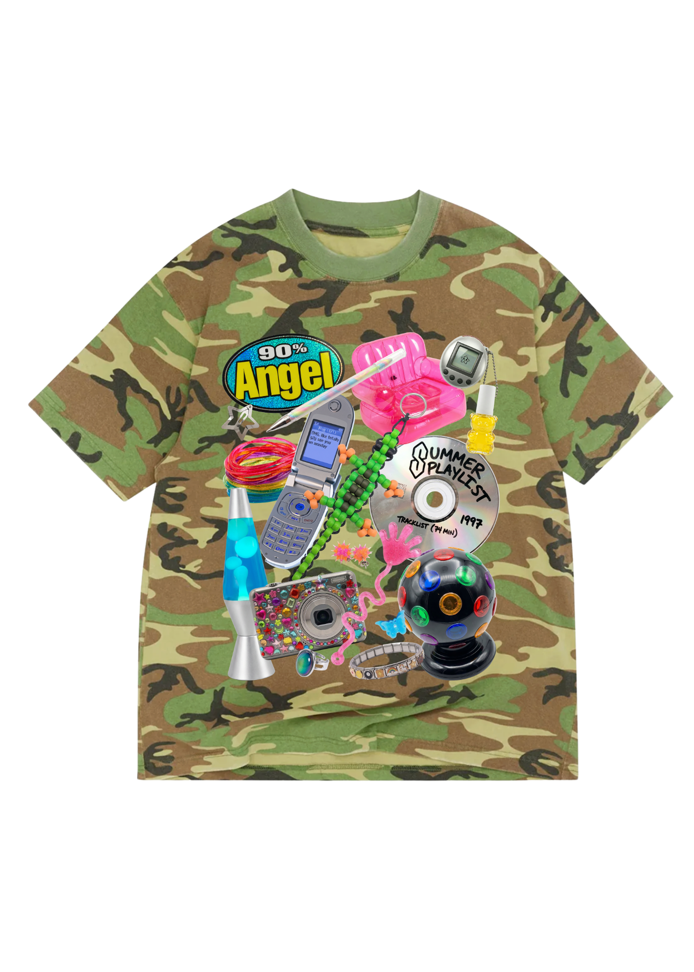 Camo short sleeve shirt with graphic design including a phone, lava lamp, cd, on a white background flat lay frontal view